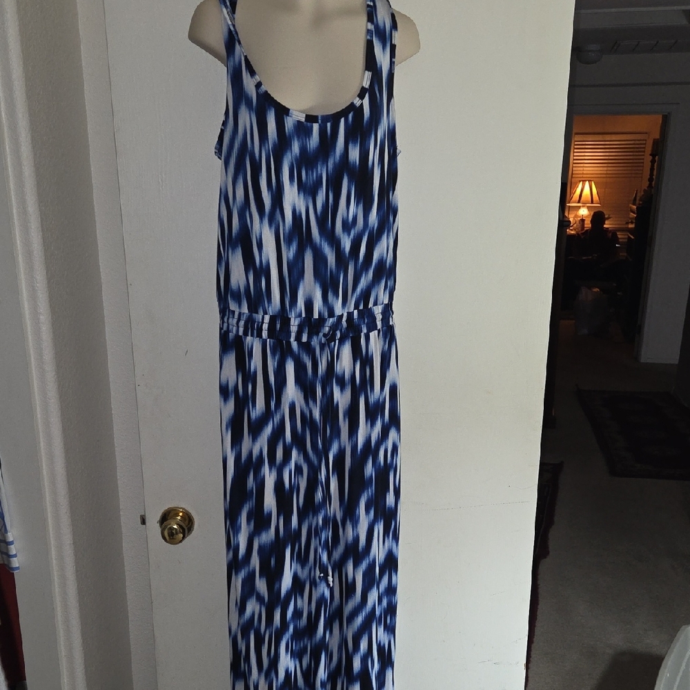 Calvin Klein Blue and White Printed Maxi Jumpsuit